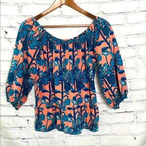 Anthropologie Blue Tassel Pink Blue Peplum Puff Sleeve Blouse Size Medium